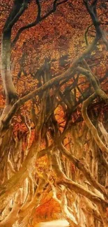 Enchanted autumn forest with twisted trees and vibrant orange hues.