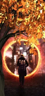 A person walks towards a glowing portal framed by vibrant autumn leaves.