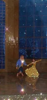 Dreamy ballroom dance scene with sparkling stars.