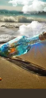 Magic bottle on beach with waves and clouds.