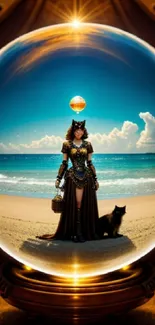 Fantasy character on a mystical beach with a cat, framed inside a glowing orb.