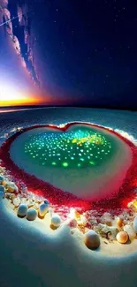 Nighttime beach scene with heart-shaped glowing pool.