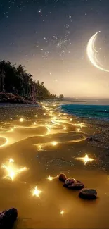 Nighttime beach with a crescent moon and golden lights along the shore.