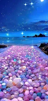 Enchanting night beach with colorful stones and starry sky.