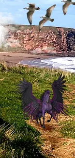 Purple winged horse on a green coastal landscape with birds.