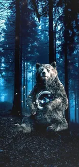 Bear in moonlit forest holding an orb.