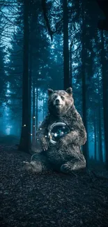 Bear with glowing orb in misty forest at night.