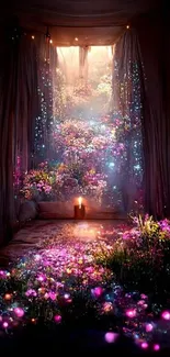 Enchanted flower pathway with glowing purple and pink hues in a dreamy bedroom setting.