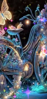 Magical bicycle with flowers and glowing butterfly in fantasy art.