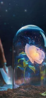 Enchanted bloom under glass with cosmic background, dark blue theme.