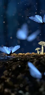 Blue butterflies flutter over glowing mushrooms in a mystical forest scene.