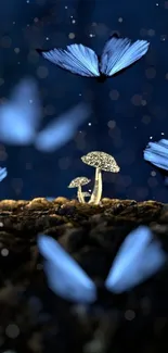 Magic blue butterflies and glowing mushrooms in a dark mystical forest.