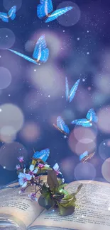 Enchanting blue butterflies above an open book with a dreamy, mystical backdrop.