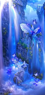 Illustrated blue waterfall with butterflies cascading down rocks.