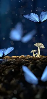 Enchanted scene with blue butterflies and glowing mushrooms on dark background.