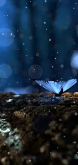 Enchanted forest with glowing blue butterflies and mushrooms at twilight.