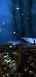 Enchanted forest wallpaper with blue butterflies glowing in the night.