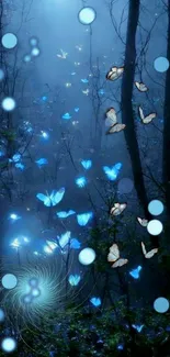 Blue butterflies glow in a dark enchanted forest wallpaper.