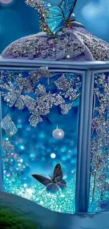 Enchanted blue lantern with butterflies glowing softly in a mystical ambiance.