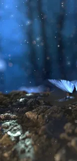 Blue butterflies in mystical forest scene with glowing lights.