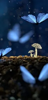 A mystical scene with blue butterflies and glowing mushrooms in a dark forest.