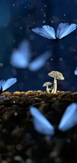 Mystical blue butterflies with glowing mushrooms in a night scene wallpaper.