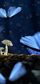 Mystical scene with blue butterflies and glowing mushrooms.