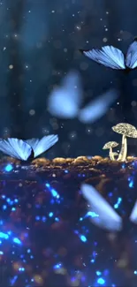 Enchanting wallpaper with blue butterflies and glowing mushrooms.