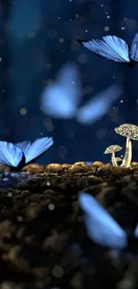 Whimsical blue butterflies and glowing mushrooms in a mystical nighttime forest.