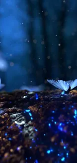 Enchanting blue butterflies glow in a dark forest setting, creating a mystical aura.