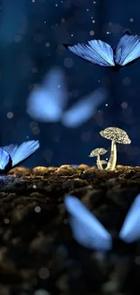 Blue butterflies and glowing mushrooms in a mystical, enchanted forest scene.