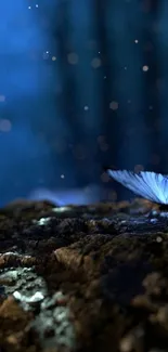 Enchanted blue butterflies on a forest floor at dusk with glowing lights.