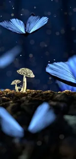 Enchanted blue butterflies and mushrooms night scene wallpaper.