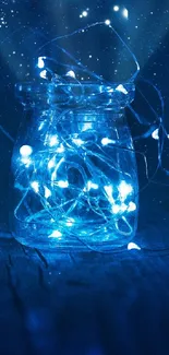 Glowing jar with blue fairy lights on a dark, starry background.