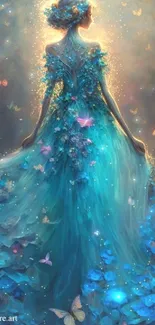 Mysterious woman in a blue dress surrounded by glowing butterflies.