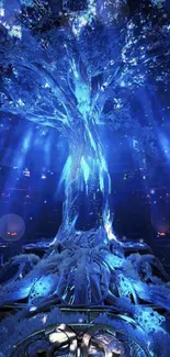 Enchanted blue fantasy tree wallpaper with mystical lighting.