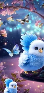 Enchanting blue bird and butterflies in a dreamlike fantasy setting.