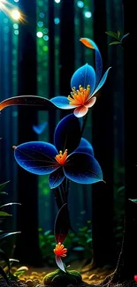 Enchanting blue flower in vibrant forest wallpaper.