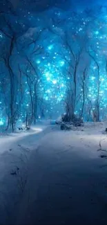 Blue forest with sparkling lights creating a magical winter scene.