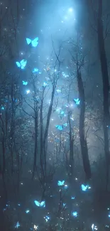 Glowing blue butterflies in a dark forest.