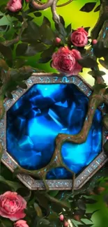 Blue gemstone surrounded by roses and vines.