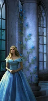 Woman in blue gown in majestic castle setting.