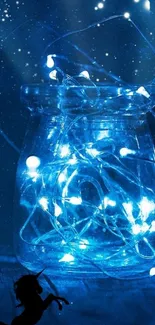 Glass jar filled with blue lights under a starry night sky.