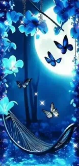 Moonlit forest with blue flowers and butterflies in a dreamy setting.