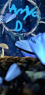 Blue mushrooms in a magical forest scene with luminous flowers.