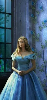 Princess in a blue gown near a mystical window and roses.