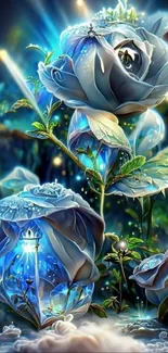 Glowing blue rose in a mystical fantasy scene.