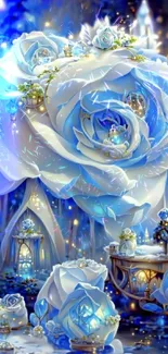 Enchanting blue rose fantasy wallpaper with glowing lanterns and a dreamy night setting.