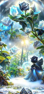 Fantasy wallpaper with glowing blue roses and a magical forest background.