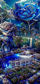 Mobile wallpaper of a surreal blue rose garden with vibrant artistic details.